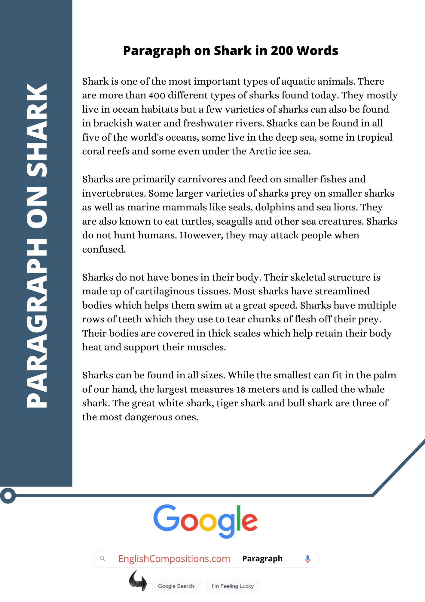 Write A Paragraph Titled Inside A Whale Paragraph & Short Essay on Shark [100, 200, 400 Words] With PDF